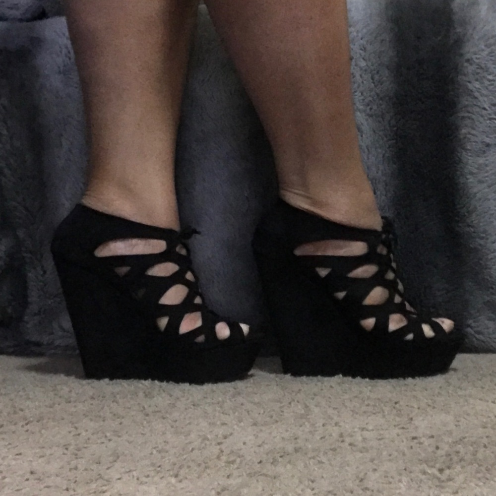 Black Faux Suede Lace Up Wedge Heels